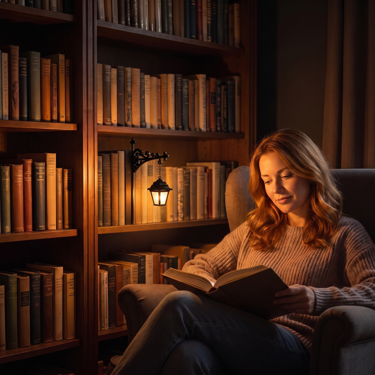 Luz cálida entre tus libros favoritos